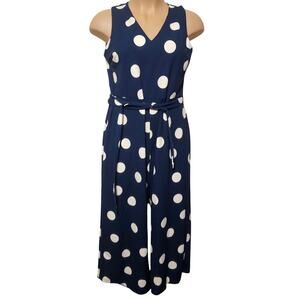 Karl Lagerfeld Paris Sleeveless Polka Dot Cropped Jumpsuit Blue/White Size 14
